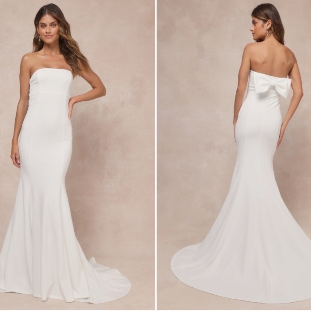Lulu's White Strapless Mermaid Gown with Back Bow